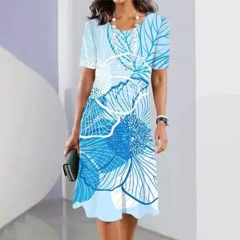 Модные летние элегантные платья для женщин с круглым вырезом и принтом в стиле винтаж с коротким рукавом Свободная женская одежда S
