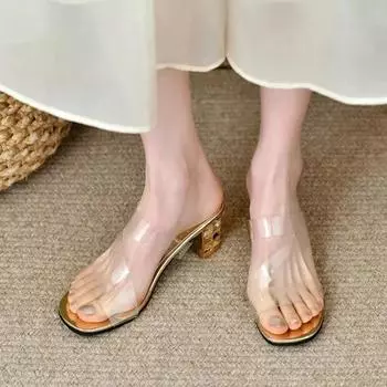 Модные летние босоножки 2024 года на мягкой платформе для женщин, модные прозрачные босоножки на высоком каблуке из ПВХ, женские новые прозрачные тапочки на квадратном каблуке 34 золотой
