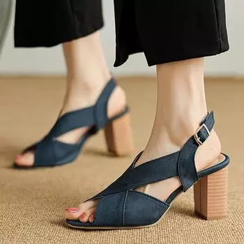 Модные летние босоножки для женщин на высоком каблуке, большой размер 45, сандалии-гладиаторы с открытой пяткой, синие туфли на каблуке для танцев, женская обувь 34 чёрный