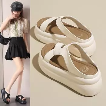 Модные летние босоножки на платформе с каблуком 7,5 см, дышащие кожаные пляжные тапочки, женские прогулочные сандалии на толстом каблуке, повседневная обувь с открытым носком 33 чёрный