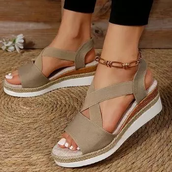 Модные летние босоножки на танкетке для женщин 2024 года, нескользящие гладиаторские туфли на платформе, женские сандалии из флока с перекрестными ремешками, большие размеры 42 36 красный