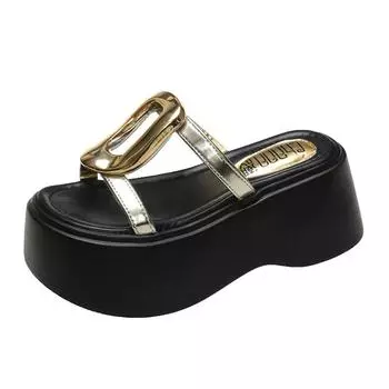 Модные летние босоножки на толстой подошве высотой 7,5 см, женские туфли на танкетке с толстой подошвой, шлепанцы на высоком каблуке, повседневные пляжные шлепанцы из кожи для женщин 34 золотой