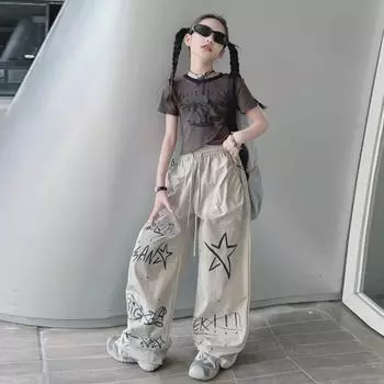 Модные летние брюки для девочек 2024 года с ручной росписью — повседневные модные комбинезоны для больших детей 160 серый