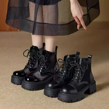 Модные летние черные ботильоны на молнии 2024 года, новые модные сетчатые босоножки с квадратным носком и толстым каблуком, однотонные женские туфли на платформе 35 матовый черный