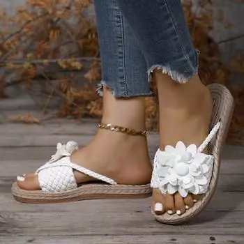 модные летние цветочные плетеные плоские тапочки классические однотонные женские нескользящие шлепанцы из искусственной кожи мягкие удобные пляжные сандалии женские 36 бежевый