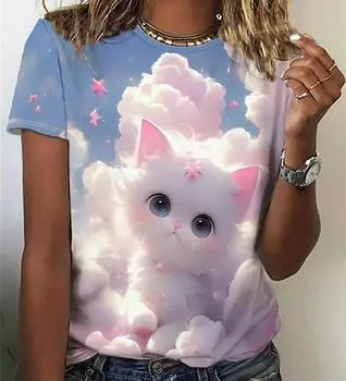 Модные летние футболки с 3D-принтом с изображением животных из мультфильмов и кошек, женская уличная одежда, повседневные футболки с коротким рукавом и круглым вырезом, большие футболки, топы, одежда XS