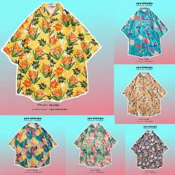 Модные летние гавайские пляжные рубашки с цветочным принтом, мужские повседневные рубашки с короткими рукавами M синий/красный