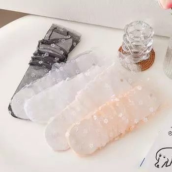 Модные летние кавайные шелковые носки с сеткой и цветочным бантом для женщин, средние носки-трубы black-flower