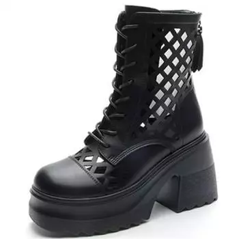 Модные летние классные женские ботинки на квадратном каблуке, ботильоны на платформе, женские полые из коровьей кожи, дышащие, на толстом каблуке 34 бежевый