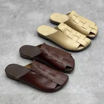 Модные летние кожаные туфли на плоской подошве для женщин, плетеные женские тапочки из коровьей кожи, сандалии Mueller Shoes 35 бежевый