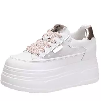 Модные летние кроссовки из сетчатой кожи 8 см на танкетке, кожаные вулканизированные блестящие туфли для женщин, повседневная дышащая спортивная обувь для ходьбы 34 золотой