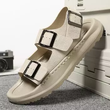 Модные летние кроссовки, нескользящие мужские сандалии для отдыха на открытом воздухе, мужская пляжная обувь из натуральной кожи, новые модные туфли на плоской подошве с открытым носком в стиле рома 38 бежевый