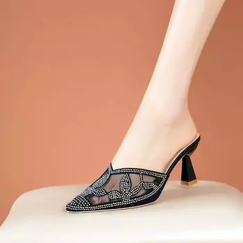 модные летние лаконичные женские туфли-мюли на высоком каблуке женские тапочки свадебные босоножки женская обувь модные стразы сетчатые кружевные шлепанцы 34 бежевый