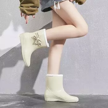 Модные летние модные уличные сапоги из ПВХ средней длины, водонепроницаемые, нескользящие, женские резиновые сапоги с бантом, на плоской подошве, водонепроницаемые, размер 36-40 36 абрикосовый света