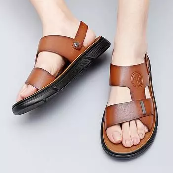 Модные летние мужские кожаные пляжные туфли, сандалии из натуральной коровьей кожи, нескользящие мужские тапочки, дышащие, двухразовые сандалии, обувь 38 коричневый