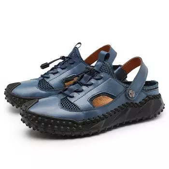 Модные летние мужские мокасины с вырезами из кожи, удобные сандалии с вырезами 2024 года, новые пляжные классные тапочки Half Drag All-match для походов 38 чёрный