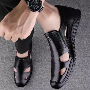 Модные летние мужские пляжные сандалии из натуральной кожи, мужские дышащие мокасины, универсальные удобные кроссовки для мужчин, сандалии для рыбалки ручной работы 38 чёрный