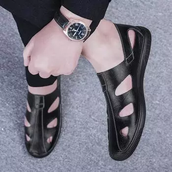 Модные летние мужские сандалии для отдыха на пляже, высококачественные сандалии из натуральной кожи, модные мужские сандалии с открытыми носками, роскошная дизайнерская обувь 38 чёрный