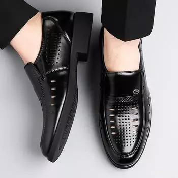 Модные летние мужские сандалии, дышащие, полые, классические, плоские, кожаные, удобные, деловые, повседневные сандалии, Zapatos Hombre 38 чёрный