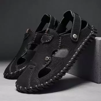 Модные летние мужские сандалии из кожи, мужская пляжная обувь, удобная обувь для ходьбы, мужские кожаные сандалии, классические мужские тапочки, мягкие сандалии 38 чёрный