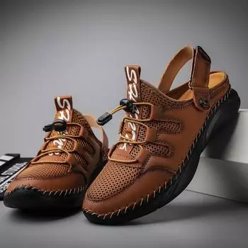 Модные летние мужские сандалии из кожи, сетчатые, пляжные, для отдыха на природе, дышащие, удобные, резиновые, классические, нескользящие, большой размер 38-48 38 чёрный