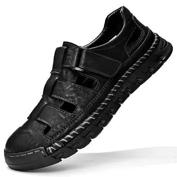 Модные летние мужские сандалии из натуральной кожи для отдыха на открытом воздухе, повседневные кожаные туфли с мягкой дышащей подошвой и полым дном, классические модные сандалии 38 серый