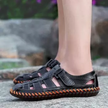 Модные летние мужские сандалии ручной работы, пошитые вручную, мужские пляжные сандалии ручной работы из натуральной кожи, мужская обувь, модные мужские кроссовки 6.5 чёрный