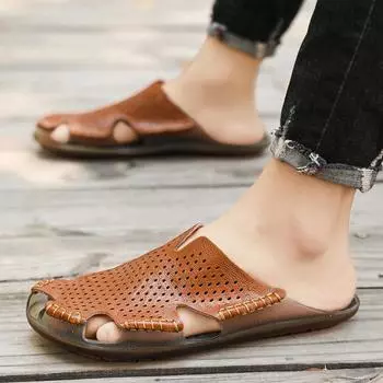 Модные летние мужские тапочки, мужские кожаные сандалии, классические римские сандалии, тапочки, мягкие уличные кроссовки, пляжные резиновые мужские походные тапочки 38 коричневый