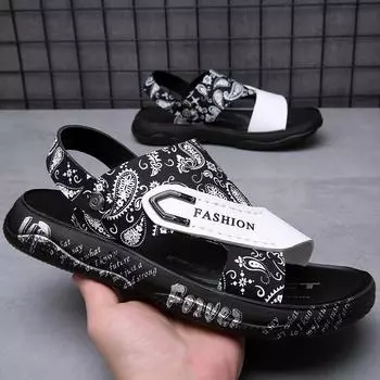 Модные летние мужские туфли на плоской подошве, трендовые сандалии с принтом, пляжная обувь, повседневная универсальная обувь для поездок на работу, сандалии на мягкой подошве, дышащие 38 чёрный