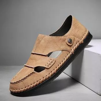 Модные летние мужские туфли на плоской подошве, дизайнерские туфли 2024 года, новые повседневные кожаные сандалии для прогулок на открытом воздухе, нескользящие пляжные туфли с мягкой подошвой, сандалии-тапочки 38 коричневый