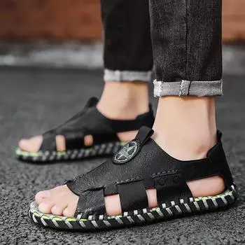 Модные летние мужские туфли повседневные кожаные сандалии ручного шитья для прогулок на открытом воздухе противоскользящие пляжные спортивные туфли сандалии на платформе тапочки мужские 7 бежевый