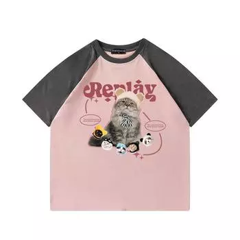 Модные летние новые китайские шикарные повседневные свободные мужские и женские футболки с короткими рукавами с принтом котенка S синий