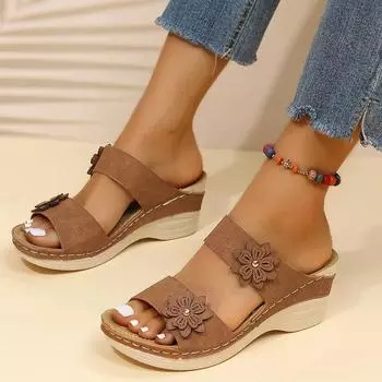 Модные летние новые классные тапочки большого размера, однотонные, повседневные, с цветочным узором, толстый каблук, женские тапочки, мода 35