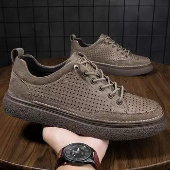 Модные летние новые мужские повседневные кожаные туфли из воловьей кожи с дышащими и нескользящими вставками, модные классические мужские туфли для занятий на открытом воздухе со шнуровкой 37 коричневый