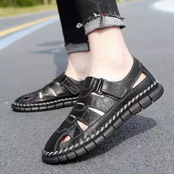 Модные летние новые роскошные сандалии Wrap The Toe для мужчин, дышащие сандалии из натуральной кожи для активного отдыха, повседневная пляжная обувь для мужчин, лоферы 38 чёрный