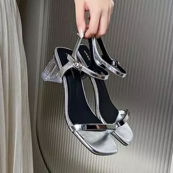 Модные летние новые сексуальные прозрачные босоножки на толстом высоком каблуке, женские туфли, серебристые квадратные босоножки с открытым носком и пряжкой на щиколотке 34 бежевый
