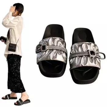 Модные летние новые стильные элегантные повседневные женские туфли однотонные с круглым носком легкие тапочки на плоской подошве с открытым носком 35 серебряный