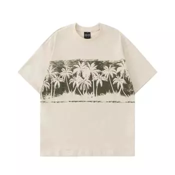 Модные летние новые свободные универсальные футболки в китайском стиле с простым принтом кокосовой пальмы для мужчин и женщин M чёрный