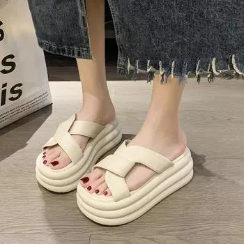 Модные летние новые туфли-тапочки-маффины высотой 7 см для женщин, сандалии с открытым носком, на толстой подошве, с перекрестными ремешками, пляжные шлепанцы для женщин 34 бежевый