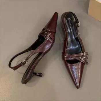 Модные летние новые женские модные сандалии Baotou с острым носком и неглубокой пряжкой на ремне, высокие каблуки 35 серебряный