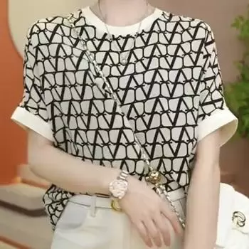 Модные летние новые женские свободные футболки с коротким рукавом и геометрическим принтом с винтовой резьбой и круглым вырезом S белый/чёрный