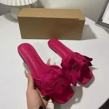 модные летние новые женские тапочки размера плюс 43 в корейском стиле модные внешние тапочки элегантные женские тапочки с цветочным принтом на плоской подошве Chaussure Femme 35 чёрный