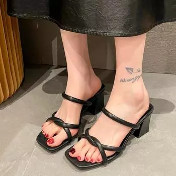 модные летние новые женские тапочки с квадратным носком Grace Narrow Band Solid Casual Sandals Waterproof Block High Женская обувь 35 бежевый