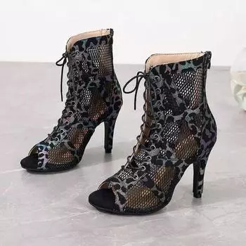 Модные летние новые женские туфли для танцев с высоким верхом, бальные сандалии для сальсы и танго, модные босоножки для девочек с вырезом из сетки на высоком каблуке 35 чёрный