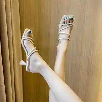 модные летние новые женские туфли на высоком каблуке модные квадратные тапочки Grace с узкой резинкой однотонные повседневные повседневные тапочки женская обувь 35 бежевый