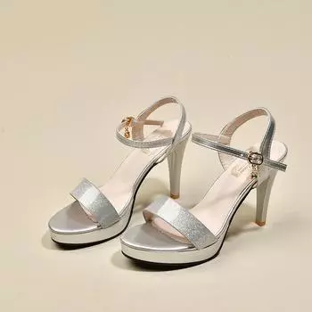 Модные летние новые женские туфли с открытым носком, водонепроницаемые женские босоножки на шпильках с пряжкой в одну линию на платформе и высоком каблуке 35 серебряный