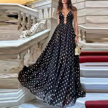 Модные летние платья без рукавов с открытой спиной, длинные пляжные платья с принтом в горошек, женские платья на бретельках, женские вечерние платья для леди S чёрный
