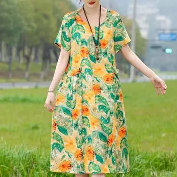 Модные летние платья больших размеров, повседневные длинные платья с коротким рукавом и винтажным принтом, женская одежда, элегантная XL