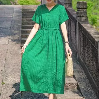 Модные летние платья больших размеров, тонкое повседневное длинное платье с короткими рукавами для женщин, элегантная женская одежда среднего возраста XL зелёный