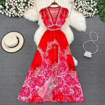 Модные летние платья с принтом на подиуме для женщин, однобортные однобортные длинные плиссированные шифоновые платья с глубоким V-образным вырезом и летящими рукавами S синий